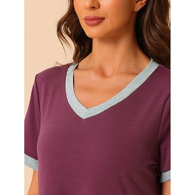 Women's V Neck Nightshirt Long Basic Slit Nightgown Short Sleeve Sleepshirt With Pockets