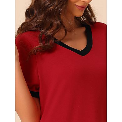 Women's V Neck Nightshirt Long Basic Slit Nightgown Short Sleeve Sleepshirt With Pockets