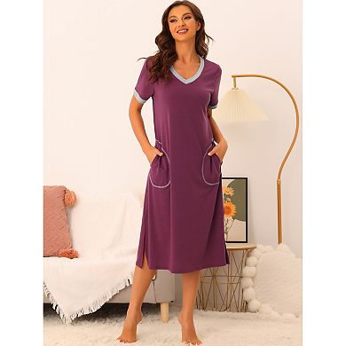 Women's V Neck Nightshirt Long Basic Slit Nightgown Short Sleeve Sleepshirt With Pockets