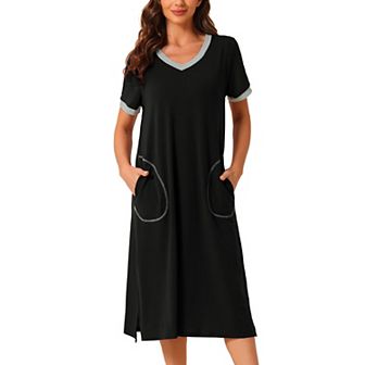 Women's V Neck Short Sleeve Basic Side Slit Long Nightgown Sleepshirt Nightgown with Pockets