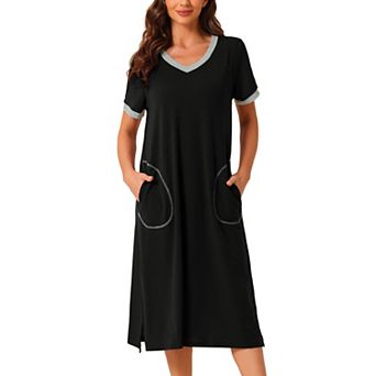 Women's V Neck Nightshirt Long Basic Slit Nightgown Short Sleeve Sleepshirt With Pockets