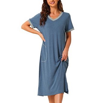 Women's V Neck Nightshirt Long Basic Slit Nightgown Short Sleeve Sleepshirt With Pockets