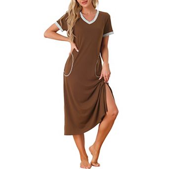 Women's V Neck Short Sleeve Basic Side Slit Long Nightgown Sleepshirt Nightgown with Pockets