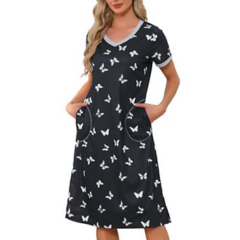 Women's V Neck Short Sleeve Basic Side Slit Long Nightgown Sleepshirt Nightgown with Pockets