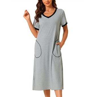Women's V Neck Nightshirt Long Basic Slit Nightgown Short Sleeve Sleepshirt With Pockets