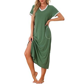 Women's V Neck Short Sleeve Basic Side Slit Long Nightgown Sleepshirt Nightgown with Pockets