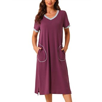 Women's V Neck Nightshirt Long Basic Slit Nightgown Short Sleeve Sleepshirt With Pockets