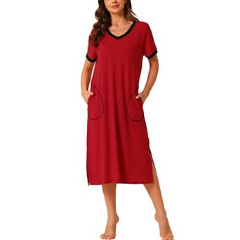 Women's V Neck Nightshirt Long Basic Slit Nightgown Short Sleeve Sleepshirt With Pockets
