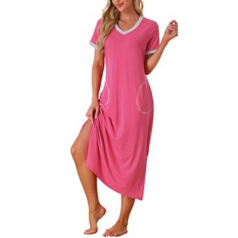 Women's V Neck Nightshirt Long Basic Slit Nightgown Short Sleeve Sleepshirt With Pockets