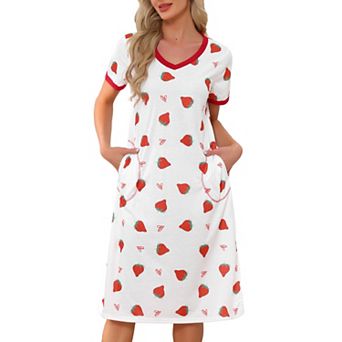 Women's V Neck Short Sleeve Basic Side Slit Long Nightgown Sleepshirt Nightgown with Pockets