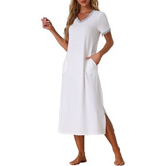 Women's V Neck Nightshirt Long Basic Slit Nightgown Short Sleeve Sleepshirt With Pockets