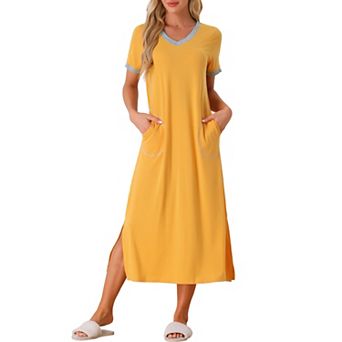 Women's V Neck Nightshirt Long Basic Slit Nightgown Short Sleeve Sleepshirt With Pockets