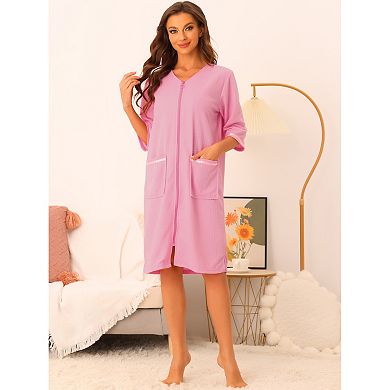 Women's Waffle Pajama 3/4 Sleeves Spa Bathrobe Loungewear Zipper Up Robes