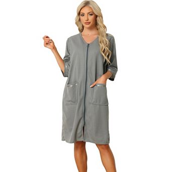 Women's Waffle Pajama 3/4 Sleeves Spa Bathrobe Loungewear Zipper Up Robes