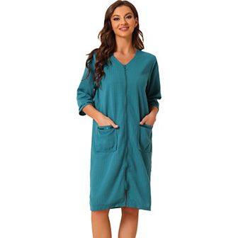 Women's Waffle Pajama 3/4 Sleeves Spa Bathrobe Loungewear Zipper Up Robes