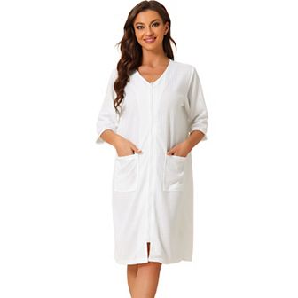 Women's Waffle Pajama 3/4 Sleeves Spa Bathrobe Loungewear Zipper Up Robes