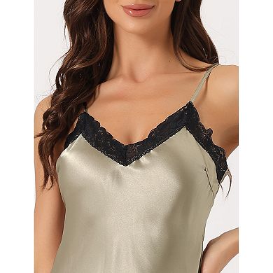 Women's V Neck Satin Lingerie Lace Trim Spaghetti Strap Mini Nightgown