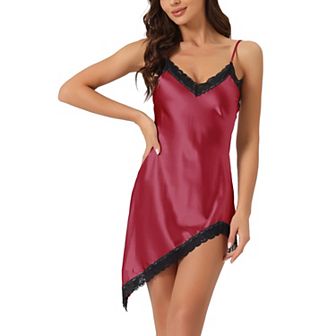 Women's V Neck Satin Lingerie Lace Trim Spaghetti Strap Mini Nightgown