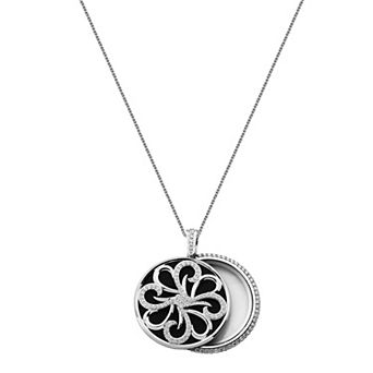 Rhodium-Plated Bronze Cubic Zirconia Magnifying Glass Locket Pendant Necklace