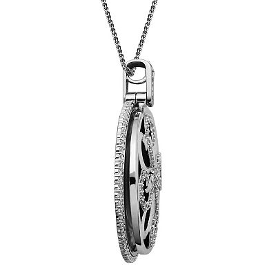 Rhodium-Plated Bronze Cubic Zirconia Magnifying Glass Locket Pendant Necklace