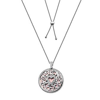 Rhodium-Plated Bronze Cubic Zirconia Magnifying Glass Heart Pendant Necklace