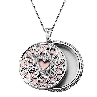 Rhodium-Plated Bronze Cubic Zirconia Magnifying Glass Heart Pendant Necklace
