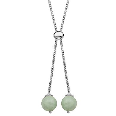 Rhodium-Plated Sterling Silver Light Green Jade Bead Y-Necklace