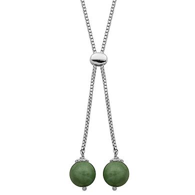 Rhodium-Plated Sterling Silver Dark Green Jade Bead Y-Necklace
