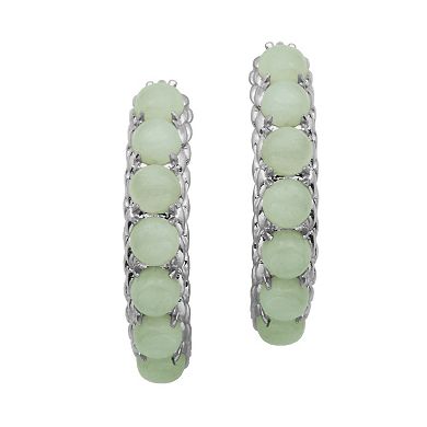Rhodium-Plated Sterling Silver Light Green Jade Bead Hoop Earrings