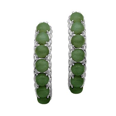 Rhodium-Plated Sterling Silver Dark Green Jade Bead Hoop Earrings