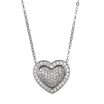 Sterling Silver Cubic Zirconia Pave Double Heart Pendant Necklace
