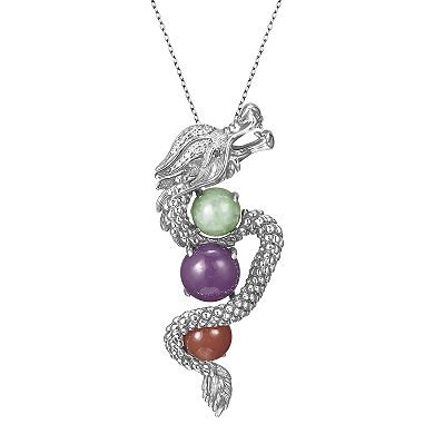 Rhodium-Plated Sterling Silver Multi-Color Jade & Garnet Bead Dragon Pendant Necklace
