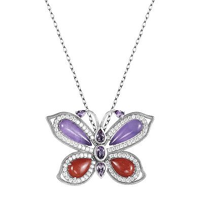 Rhodium-Plated Sterling Silver Dyed Purple & Red Jade Butterfly Pendant Necklace