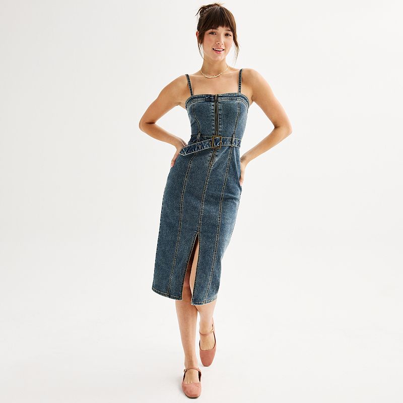 so denim dress Juniors' SO® Belted Midi Tube Hidden back zipper/clasp Lace A Line V Size:Adult | M NPU-Jhel-201929 Long dress