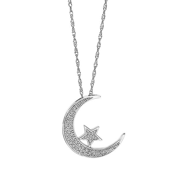 Sterling Silver 1 6 Carat T W Diamond Moon And Star Pendant Necklace