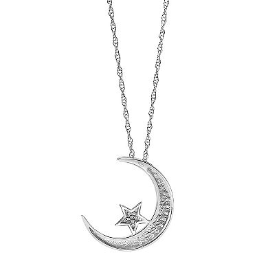 Sterling Silver 1/6 Carat T.W. Diamond Moon & Star Pendant Necklace