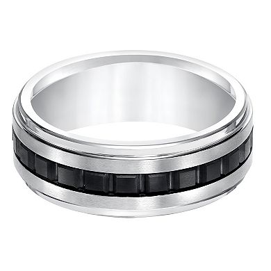 Men's Black & White Tungsten Step Edge Comfort Fit Band Ring