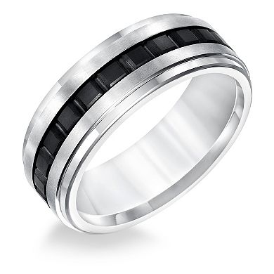 Men's Black & White Tungsten Step Edge Comfort Fit Band Ring