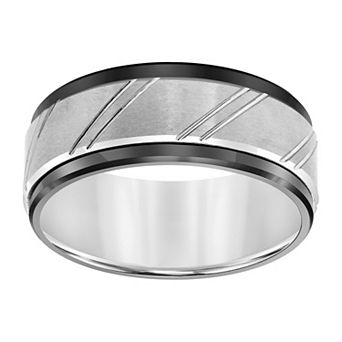 Men's Grey & Black Tungsten Beveled Edge Comfort Fit Band Ring
