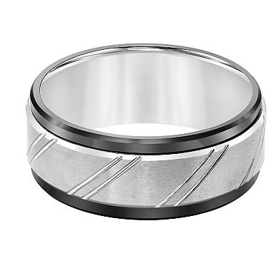 Men's Grey & Black Tungsten Beveled Edge Comfort Fit Band Ring
