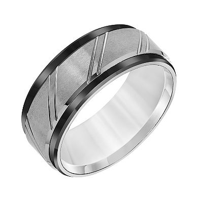 Men's Grey & Black Tungsten Beveled Edge Comfort Fit Band Ring