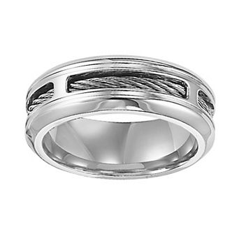 Men's Stainless Steel & Cable Inlay Band Ring