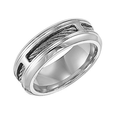 Men's Stainless Steel & Cable Inlay Band Ring