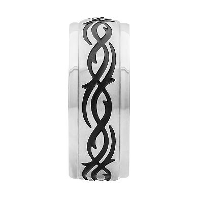 Men's Stainless Steel & Black Tribal Design Band Ring