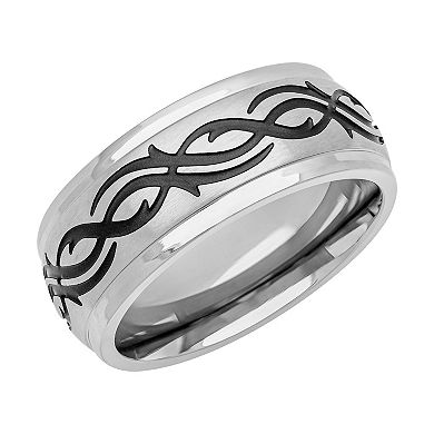 Men's Stainless Steel & Black Tribal Design Band Ring