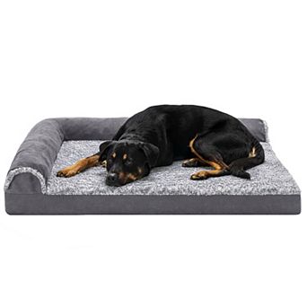 Furhaven Two-Tone Faux Fur & Suede L-Shaped Chaise Orthopedic Dog Bed