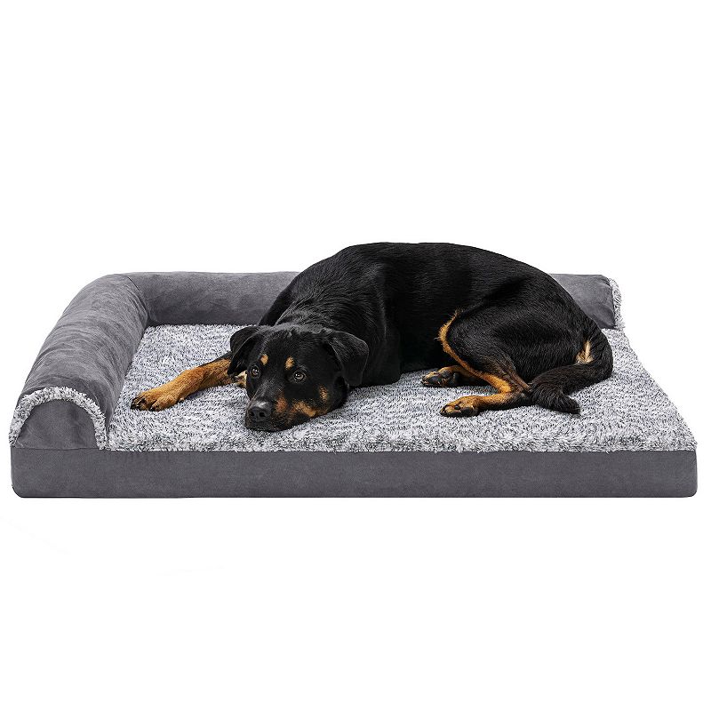 Furhaven Two-Tone Faux Fur & Suede L-Shaped Chaise Orthopedic Dog Bed, Gray