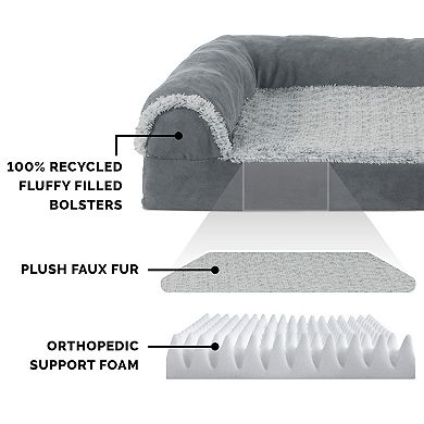 Furhaven Two-Tone Faux Fur & Suede L-Shaped Chaise Orthopedic Dog Bed