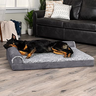 Furhaven Two-Tone Faux Fur & Suede L-Shaped Chaise Orthopedic Dog Bed