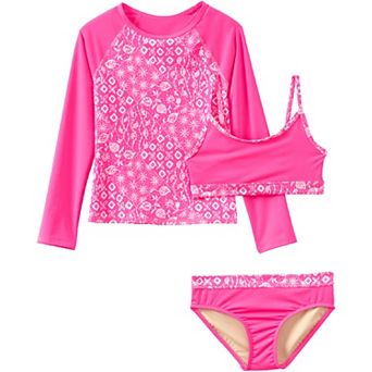 Girls 8-16 Lands' End 3 pc Chlorine Resistant UPF 50 Swimsuit Set in Regular and Plus